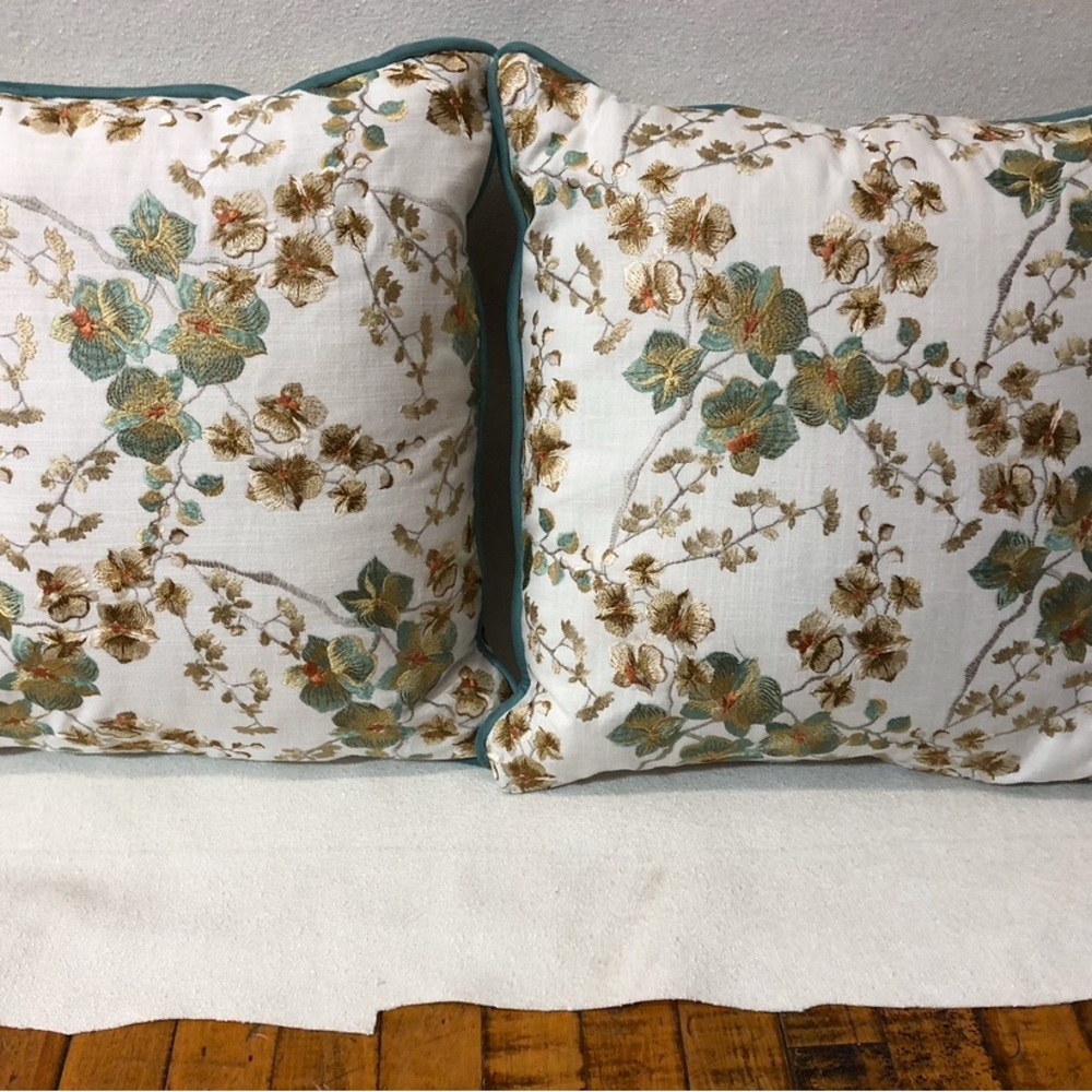 PAIR 20x20 Greenhouse Fabric S4865 Empire Cream Green and Gold Floral Pillows